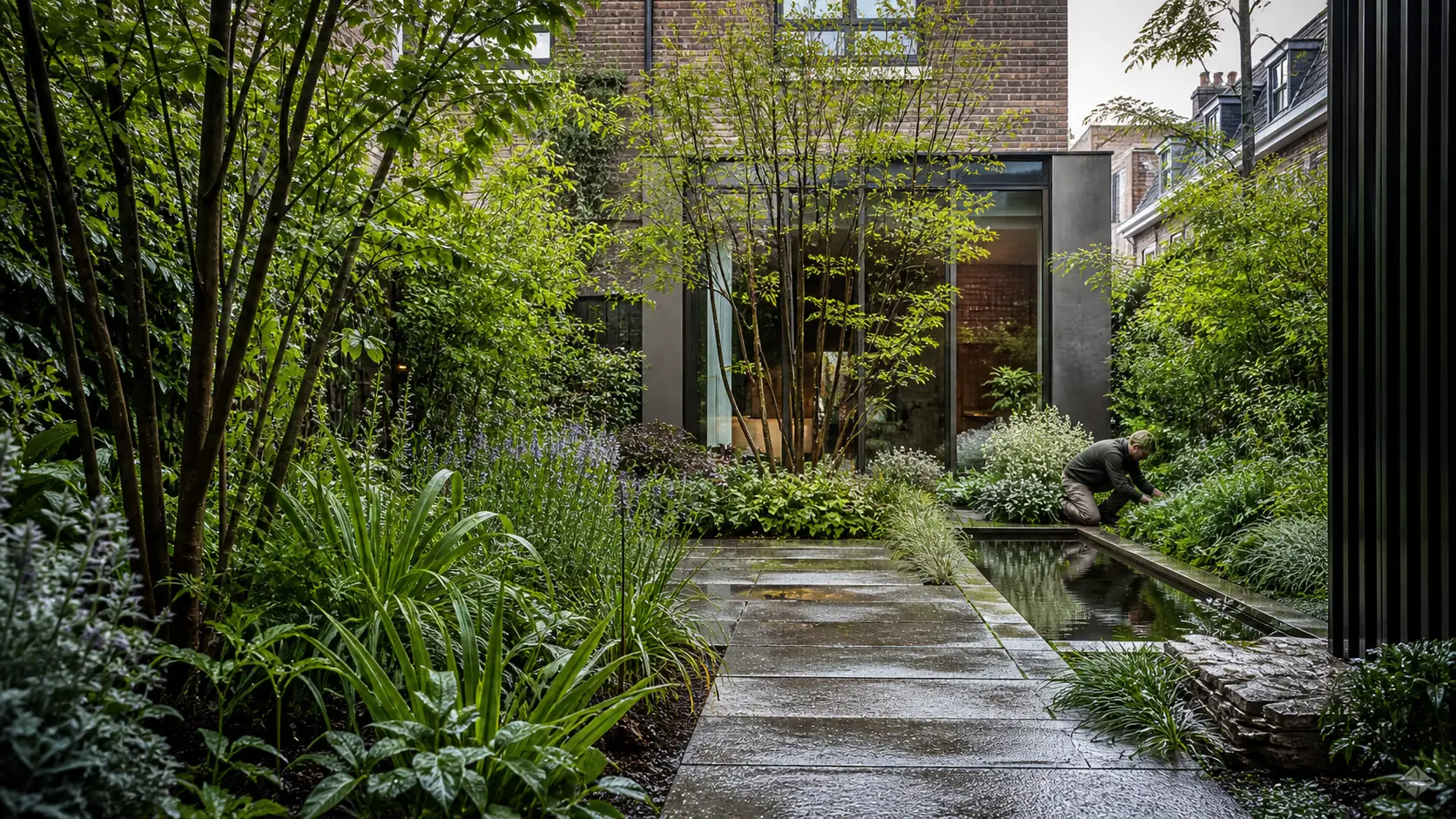 Ontworpen tuin met beplanting en terras