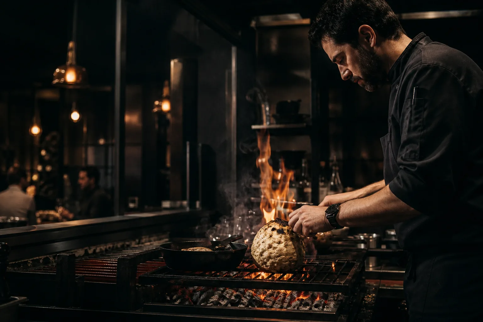 Kok bereidt een gerecht boven een grill