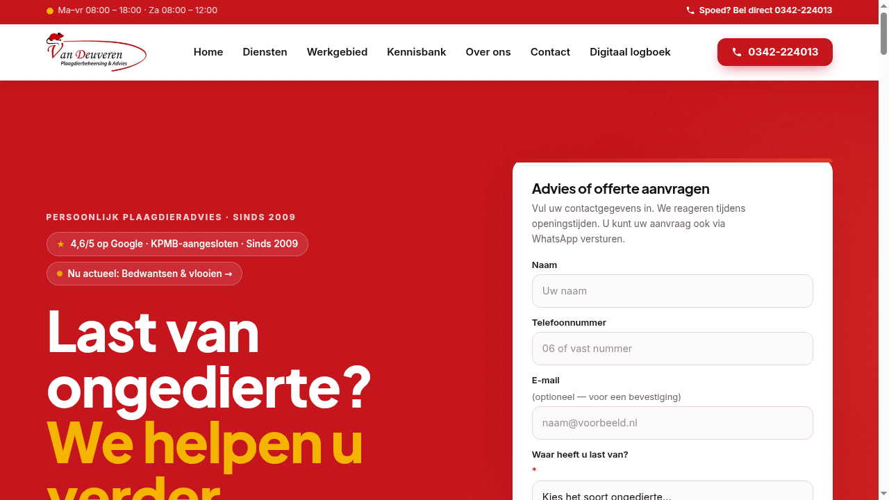 Van Deuveren homepage met bellen en een formulier voor advies of een offerte.