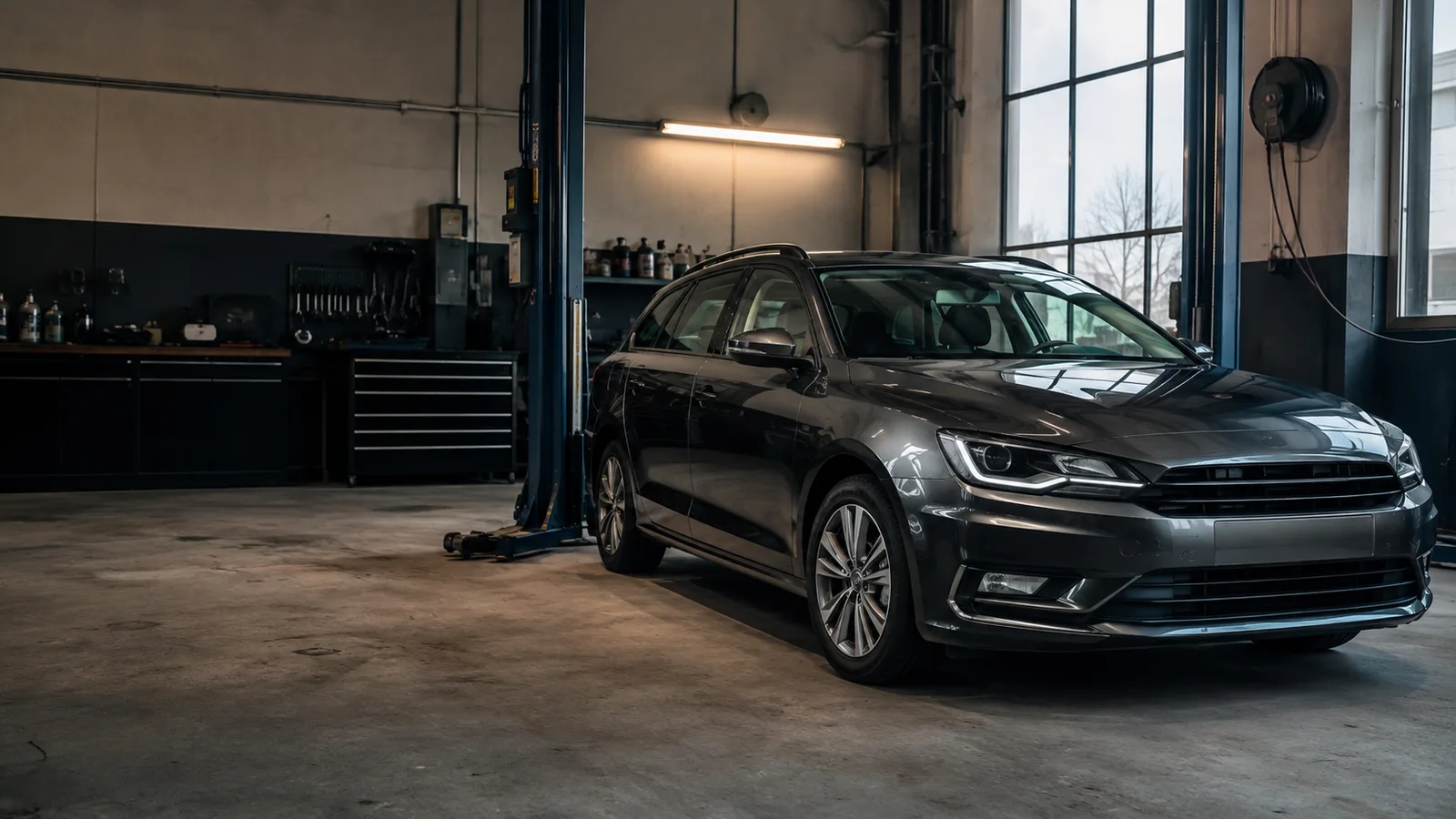 Auto in een werkplaatsomgeving uit een startontwerp