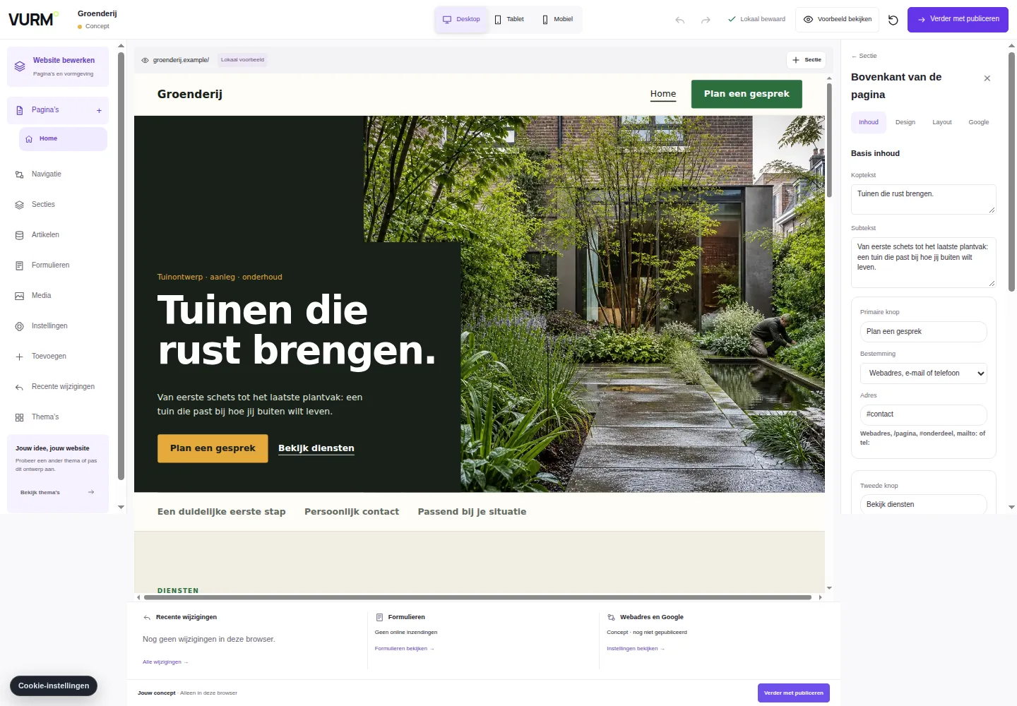 De VURM-builder met een bewerkbare website